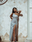 Boned off-shoulder corset bodice with draped folds — pink shimmer evening gown GLOWSYOU