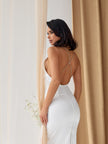 Open back white satin midi dress for women — GLOWSYOU occasion wear