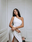 asymmetrical white dress with wrap skirt